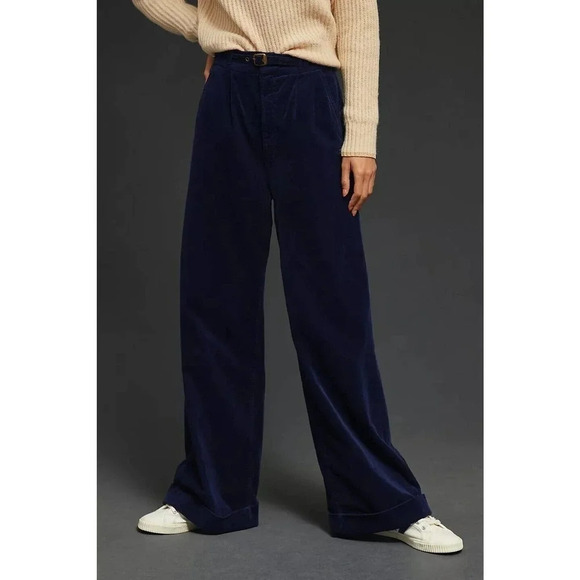 NWT MOTHER The Big-League Prep Cuff Heel Corduroy Pants Size 32 Navy Blue - Picture 1 of 15